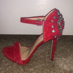 BCBG Gem embellished red suede high heels